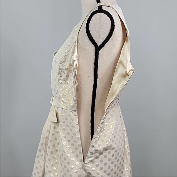 Anthropologie Quillaree Metallic Gold Jacquard Polka Dot Cream A-line Dress 4 - Picture 10 of 14